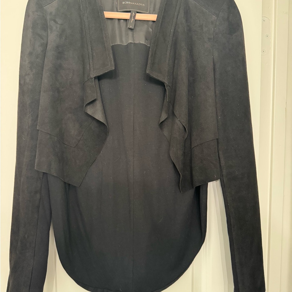 BCBGMaxAzria Black SUEDE Leather Cropped Suede jacket with Waterfall Collar